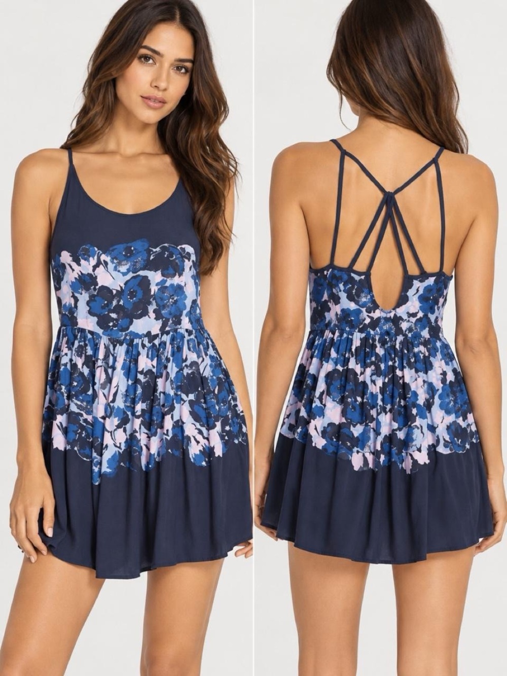 Free People Navy Floral Strappy-Back Swim Coverup Dress